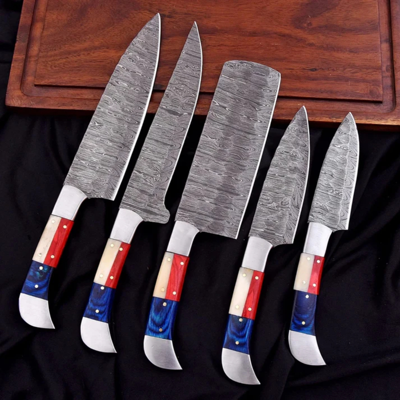Custom Handmade Culinary Chef Knife Set – 5 Piece Damascus Kitchen Knives with Texas Style Handles & Leather Bag - Image 2