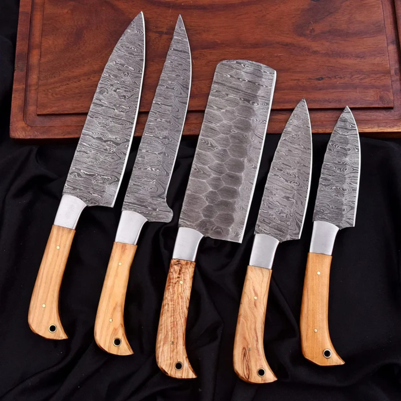 Artisan Culinary Chef Knife Set – 5 Piece Hand Forged Damascus Kitchen Knives with Hammered Finish, Wooden Handles & Leather Roll - Image 2