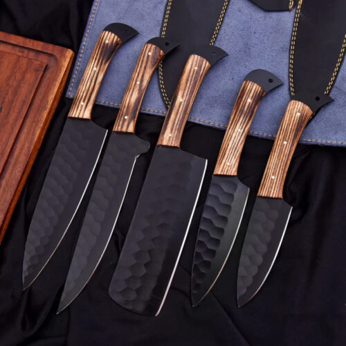 Hand-Forged D2 Steel Chef Knife Set – 5 Piece Kitchen Knives with Ash Wood Handles & Leather Roll Bag