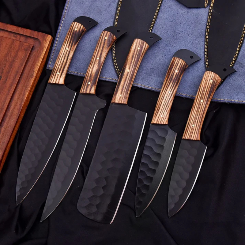 Hand-Forged D2 Steel Chef Knife Set – 5 Piece Kitchen Knives with Ash Wood Handles & Leather Roll Bag