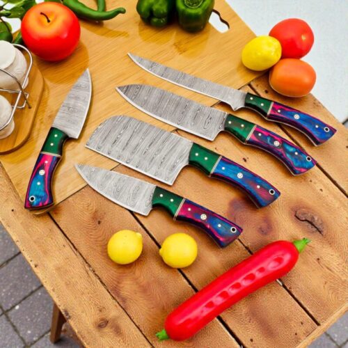 5-Piece Handmade Damascus Chef Knife Set – Chef, Fillet, Cleaver, Paring Knives with Leather Sheath