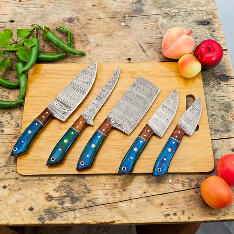 Handmade 5-Piece Damascus Chef Knife Set – Pakkawood & Rosewood Handles with Leather Sheath - Image 2
