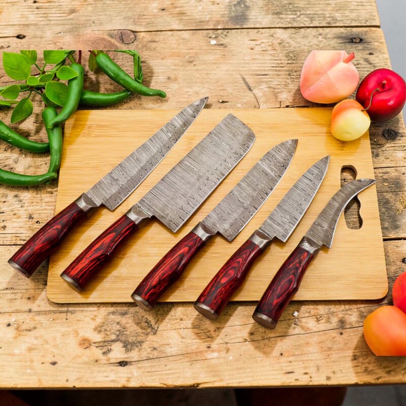 Handmade 5-Piece Damascus Chef Knife Set – Red Pakka wood Handles with Leather Sheath - Image 2
