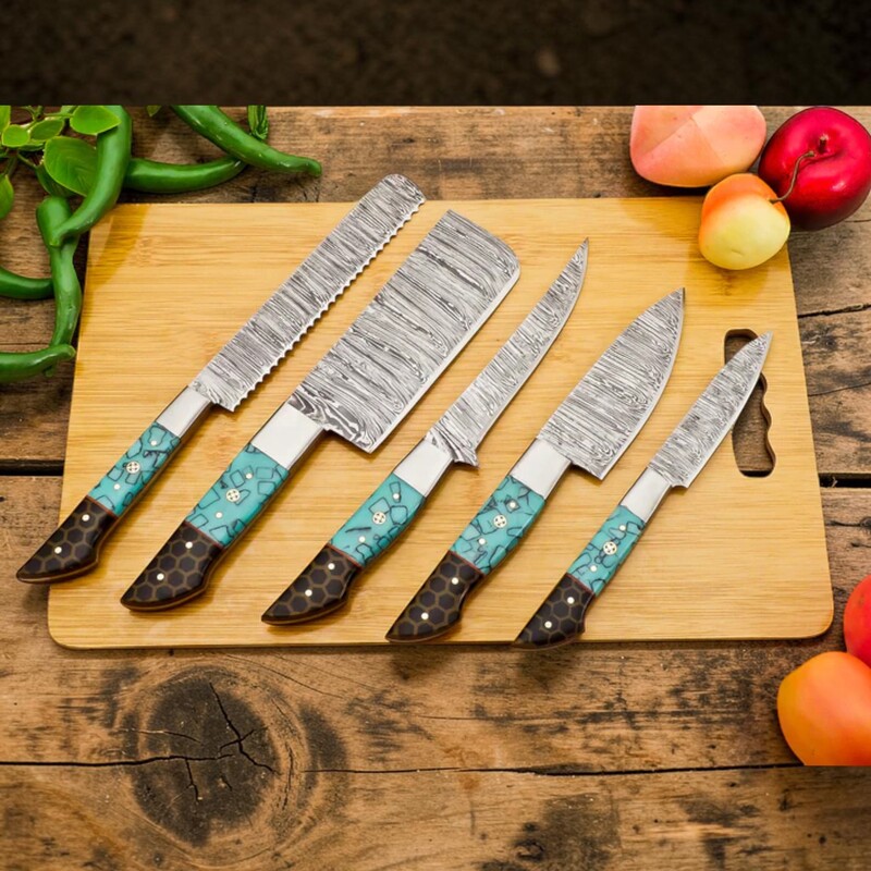 Handmade 5-Piece Culinary Damascus Knife Set – Bread, Fillet, Cleaver, Chef & Paring Knives with Resin Handles & Leather Sheath Handmade 5-Piece Culinary Damascus Knife Set – Bread, Fillet, Cleaver, Chef & Paring Knives with Resin Handles & Leather Sheath - Image 2
