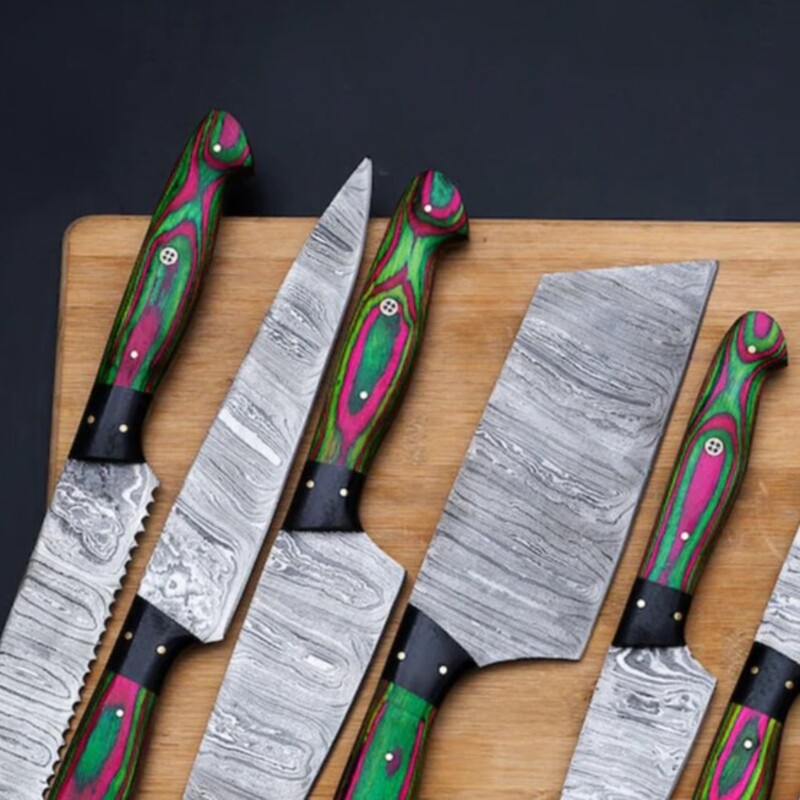 Hand-Forged 8-Piece Damascus Chef Knife Set – Wood Handles with Kitchen Utility & Cleaver Knives - Image 2