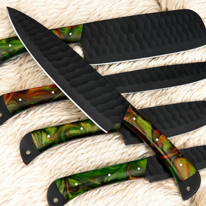Handcrafted D2 Steel Chef Knife Set – 5 Piece Kitchen Knives with Green Resin Handles & Leather Roll Bag - Image 2