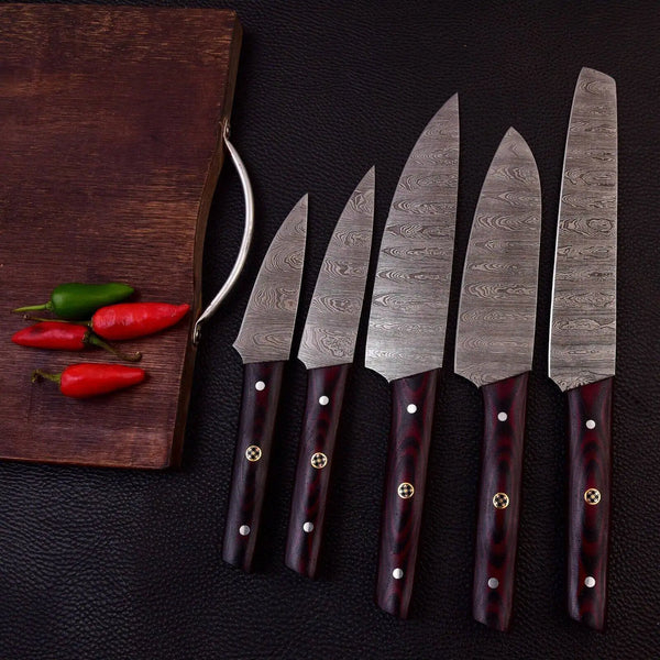 Hand-Forged 7-Piece Damascus Culinary Knife Set – Micarta Handles with Leather Roll Hand-Forged 7-Piece Damascus Culinary Knife Set – Micarta Handles with Leather Roll - Image 2