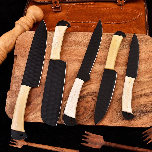 Full Tang Handmade Chef Knife Set – High Carbon Steel with Camel Bone Handles full tang chef knives, handmade high carbon steel, camel bone handle knives, professional kitchen set, hand-forged chef knives Full Tang Handmade Chef Knife Set – High Carbon Steel with Camel Bone Handles full tang chef knives, handmade high carbon steel, camel bone handle knives, professional kitchen set, hand-forged chef knives - Image 2