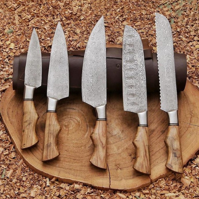 Handmade 5-Piece Damascus Chef Knife Set – Paring, Utility, Chef, Bread & Cleaver with Leather Roll Handmade 5-Piece Damascus Chef Knife Set – Paring, Utility, Chef, Bread & Cleaver with Leather Roll - Image 2