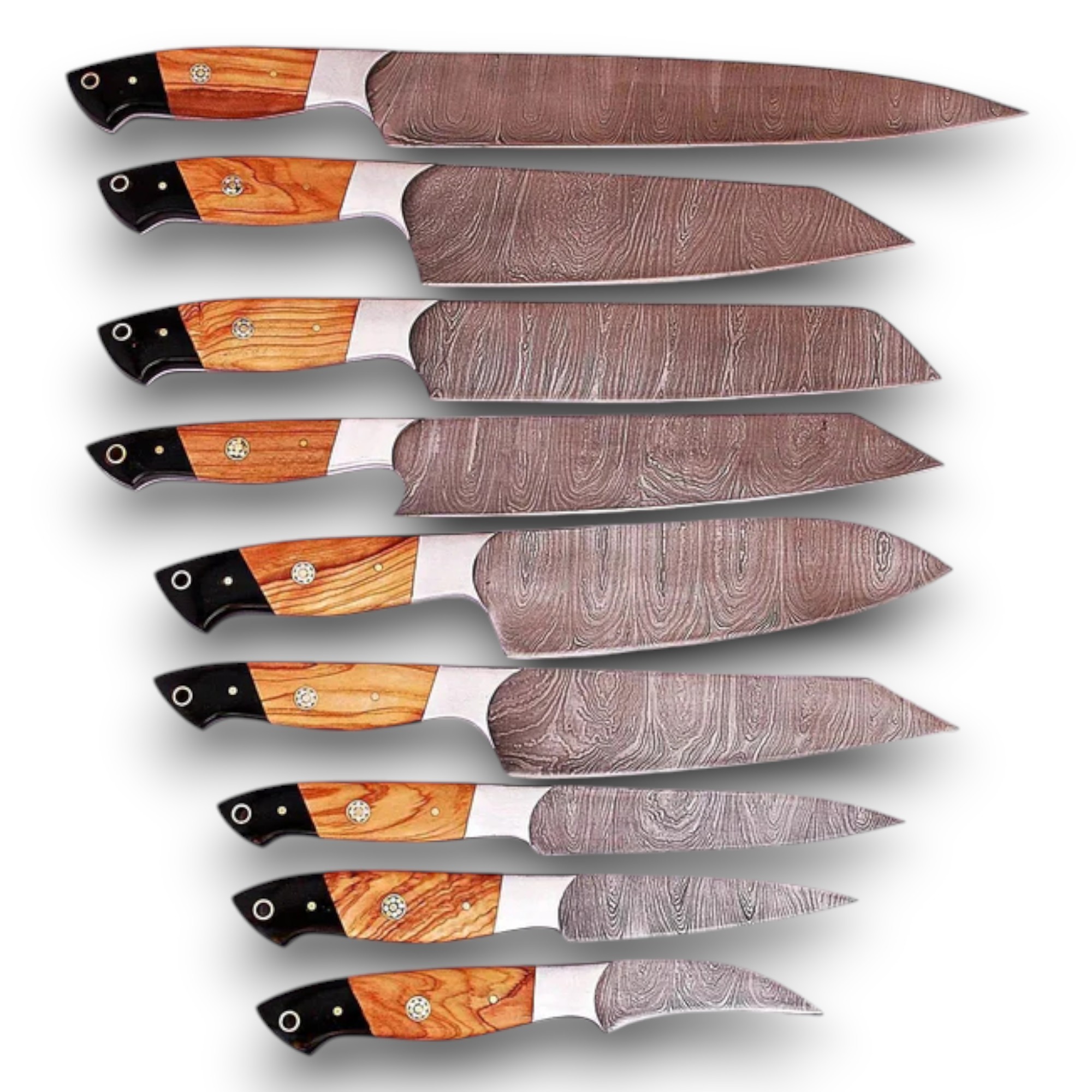 9 Pieces Custom Damascus Steel Kitchen Knife Set – Olive Wood Handle with Full Tang Blades 9 Pieces Custom Damascus Steel Kitchen Knife Set – Olive Wood Handle with Full Tang Blades - Image 2