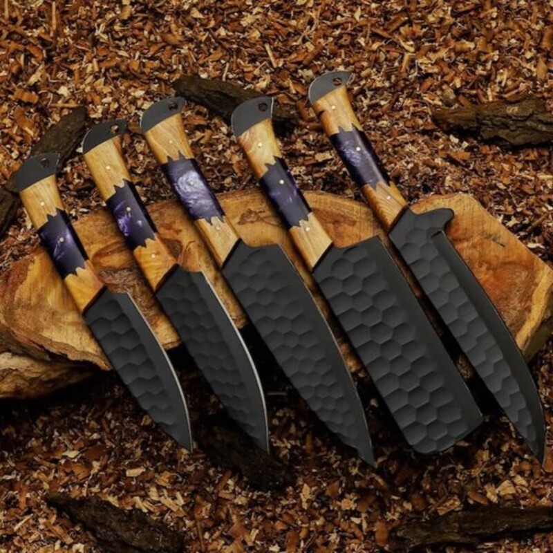 Hand-Forged 5-Piece Culinary Chef Knife Set – Damascus Steel with Wood Handles & Leather Sheath Hand-Forged 5-Piece Culinary Chef Knife Set – Damascus Steel with Wood Handles & Leather Sheath - Image 2