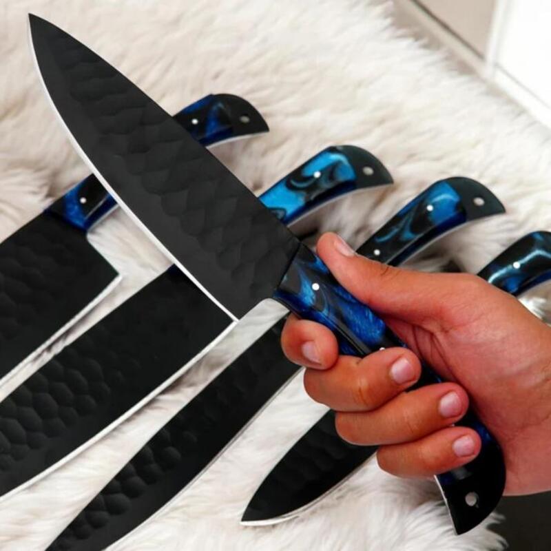 Hand-Forged D2 Steel Chef Knife Set – 5 Piece Kitchen Knives with Blue Resin Handles & Leather Roll Bag - Image 2