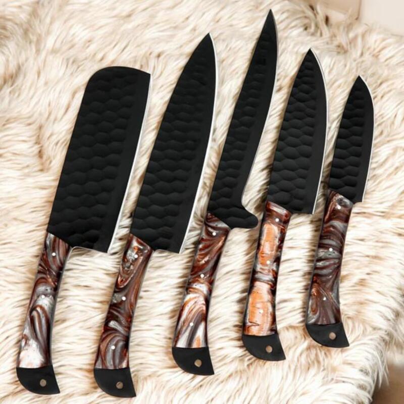 Heavy-Duty Culinary Kitchen Knife Set – 5 Piece Handcrafted D2 Steel Chef Knives with Resin Grip & Leather Roll - Image 2