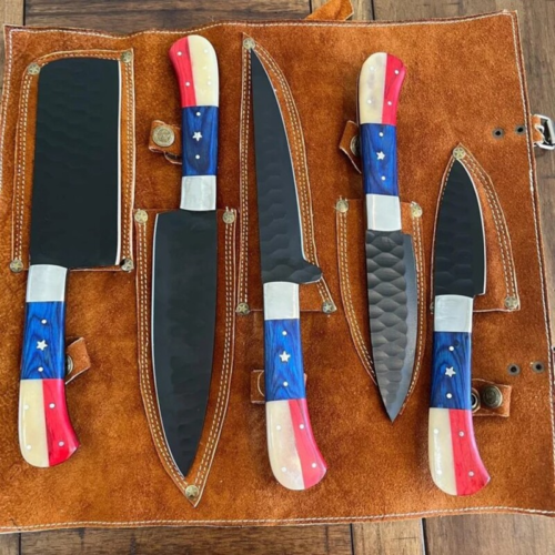Hand-Forged D2 Steel Chef Knife Set – 5 Piece Texas Flag Style Kitchen Knives with Wood & Camel Bone Handles