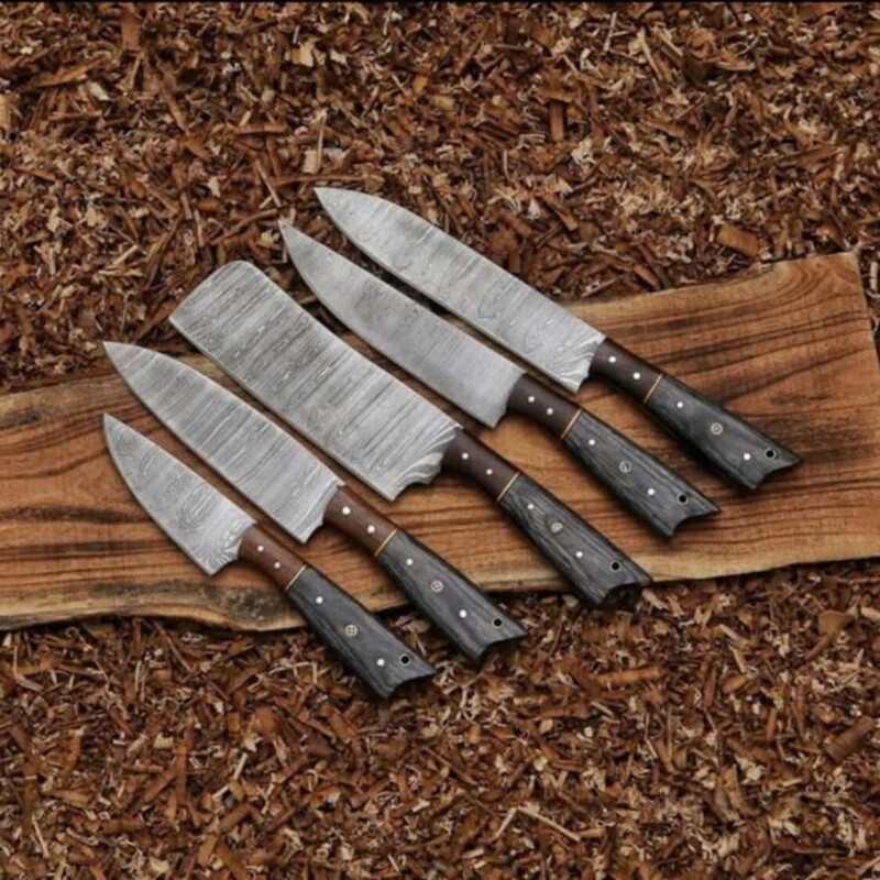 Handmade 5-Piece Damascus Culinary Chef Knife Set – Wood Handles with Leather Roll Bag - Image 3