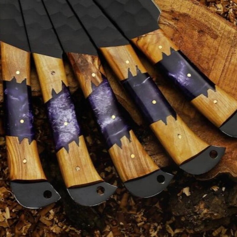 Hand-Forged 5-Piece Culinary Chef Knife Set – Damascus Steel with Wood Handles & Leather Sheath Hand-Forged 5-Piece Culinary Chef Knife Set – Damascus Steel with Wood Handles & Leather Sheath - Image 3