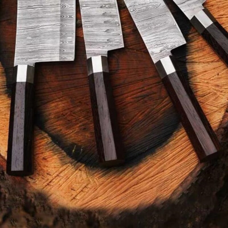 5-Piece Culinary Chef Knife Set – Damascus Steel Blades with Wenge Wood Handles & Leather Roll - Image 3