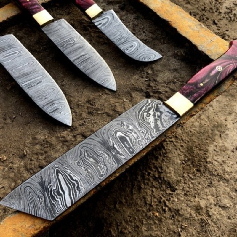 Hand-Forged 5-Piece Damascus Kitchen & Chef Knife Set – Resin Handles with Leather Roll Bag - Image 3