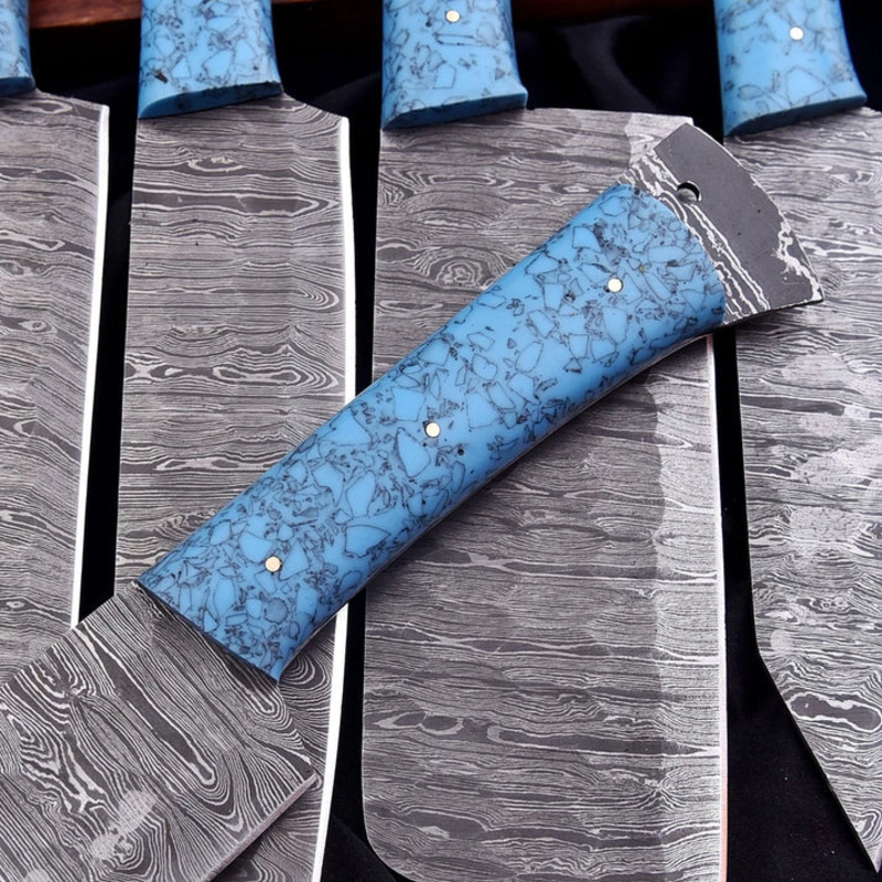 Custom Handmade Culinary Chef Knife Set – 8 Piece Damascus Kitchen Knives with Turquoise Resin Handles & Leather Bag Custom Handmade Culinary Chef Knife Set – 8 Piece Damascus Kitchen Knives with Turquoise Resin Handles & Leather Bag - Image 3
