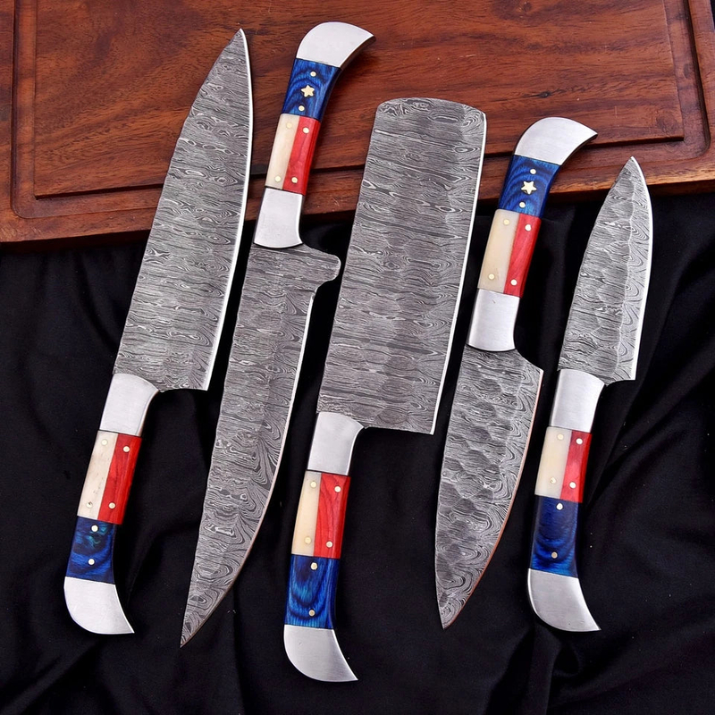 Custom Handmade Culinary Chef Knife Set – 5 Piece Damascus Kitchen Knives with Texas Style Handles & Leather Bag - Image 3