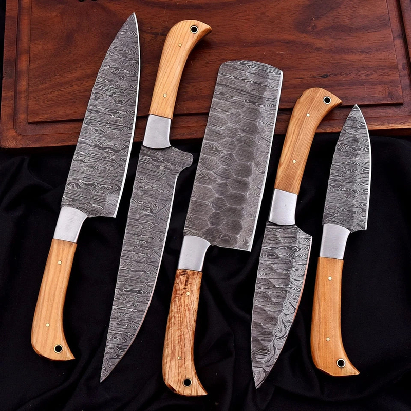 Artisan Culinary Chef Knife Set – 5 Piece Hand Forged Damascus Kitchen Knives with Hammered Finish, Wooden Handles & Leather Roll - Image 3