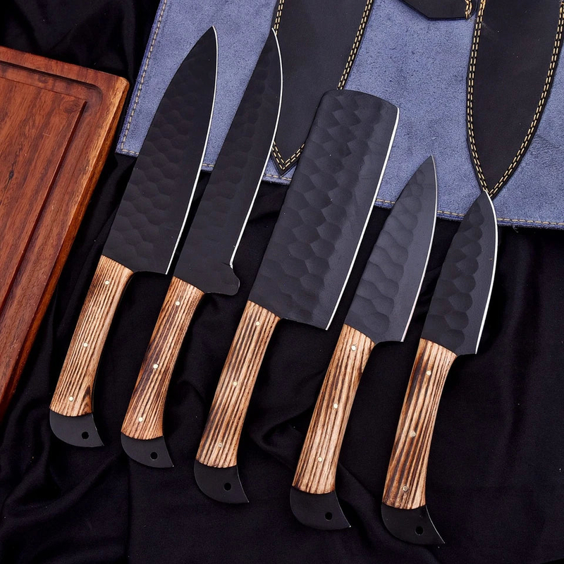Hand-Forged D2 Steel Chef Knife Set – 5 Piece Kitchen Knives with Ash Wood Handles & Leather Roll Bag - Image 3