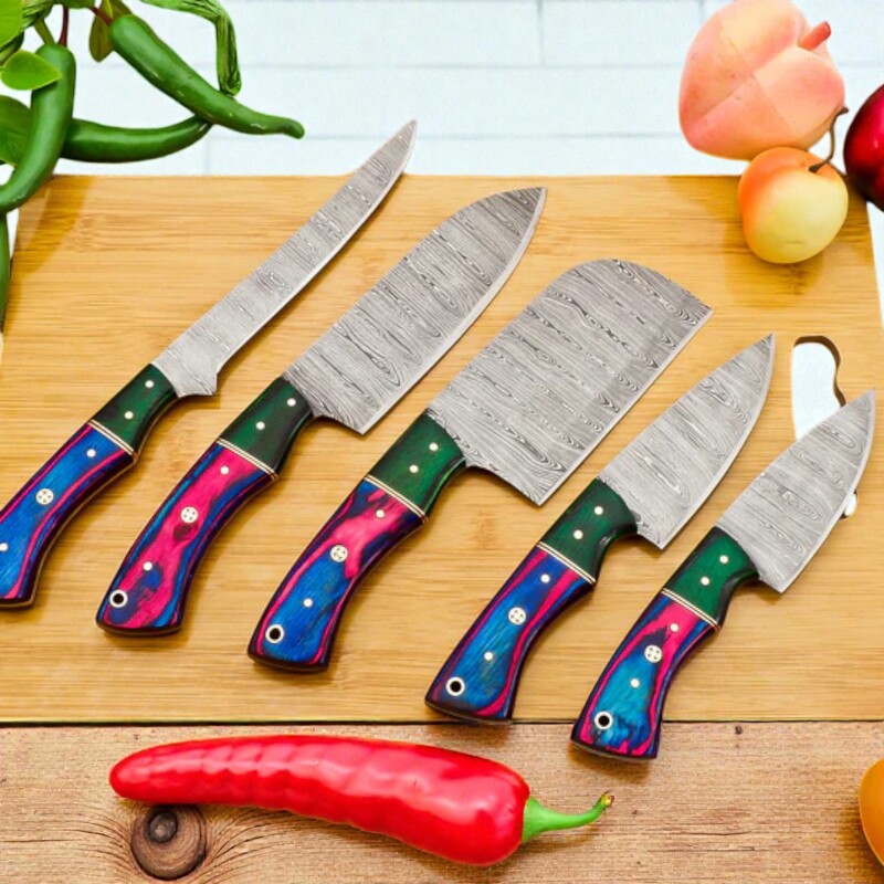 5-Piece Handmade Damascus Chef Knife Set – Chef, Fillet, Cleaver, Paring Knives with Leather Sheath - Image 2