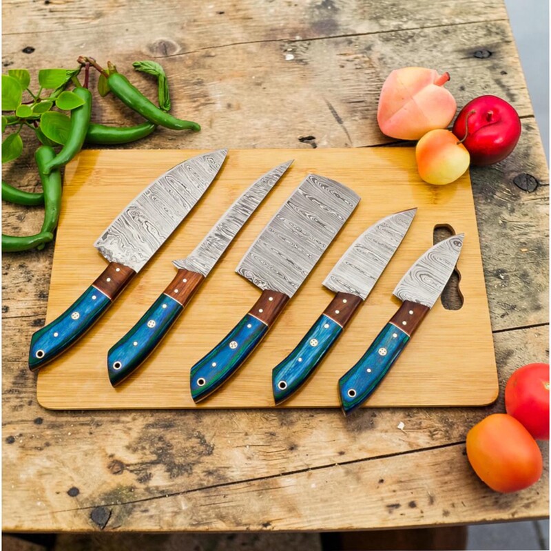 Handmade 5-Piece Damascus Chef Knife Set – Pakkawood & Rosewood Handles with Leather Sheath - Image 3