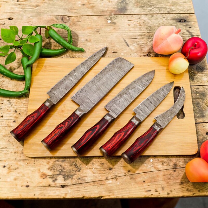 Handmade 5-Piece Damascus Chef Knife Set – Red Pakka wood Handles with Leather Sheath - Image 3