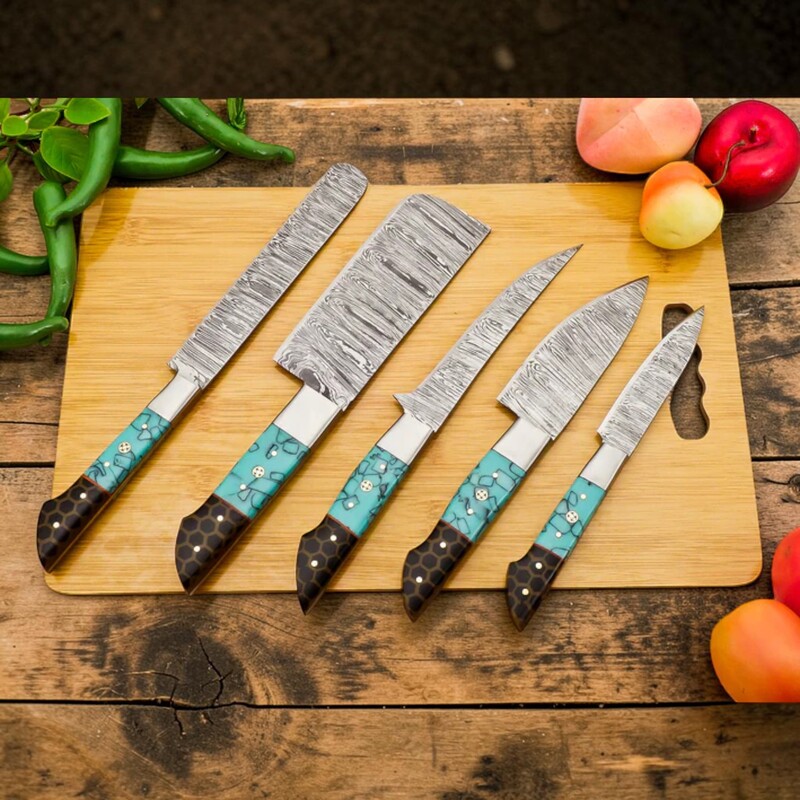 Handmade 5-Piece Culinary Damascus Knife Set – Bread, Fillet, Cleaver, Chef & Paring Knives with Resin Handles & Leather Sheath Handmade 5-Piece Culinary Damascus Knife Set – Bread, Fillet, Cleaver, Chef & Paring Knives with Resin Handles & Leather Sheath - Image 3