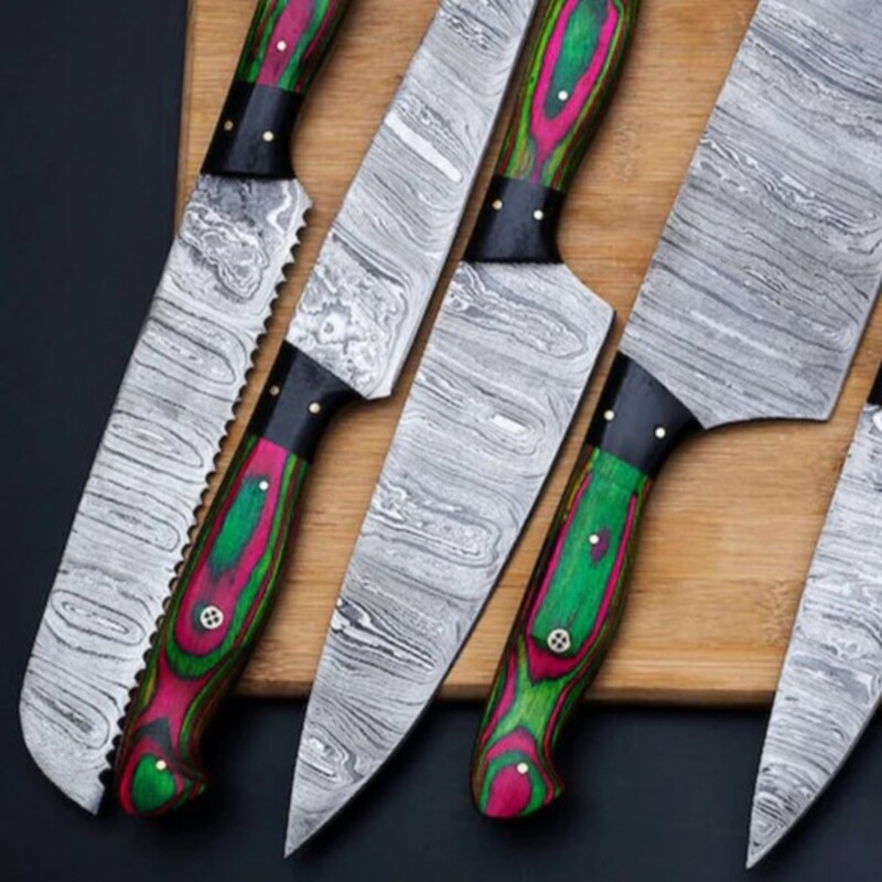 Hand-Forged 8-Piece Damascus Chef Knife Set – Wood Handles with Kitchen Utility & Cleaver Knives - Image 3