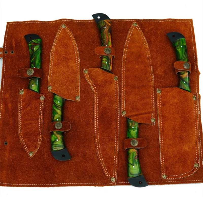Handcrafted D2 Steel Chef Knife Set – 5 Piece Kitchen Knives with Green Resin Handles & Leather Roll Bag - Image 3