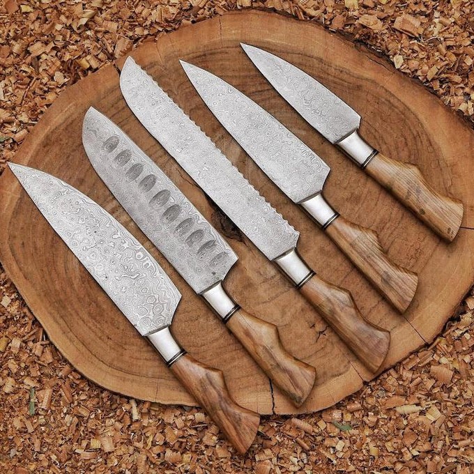 Handmade 5-Piece Damascus Chef Knife Set – Paring, Utility, Chef, Bread & Cleaver with Leather Roll Handmade 5-Piece Damascus Chef Knife Set – Paring, Utility, Chef, Bread & Cleaver with Leather Roll - Image 3