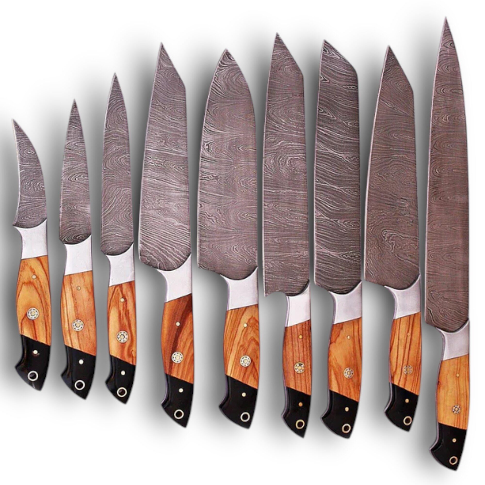 9 Pieces Custom Damascus Steel Kitchen Knife Set – Olive Wood Handle with Full Tang Blades 9 Pieces Custom Damascus Steel Kitchen Knife Set – Olive Wood Handle with Full Tang Blades - Image 3
