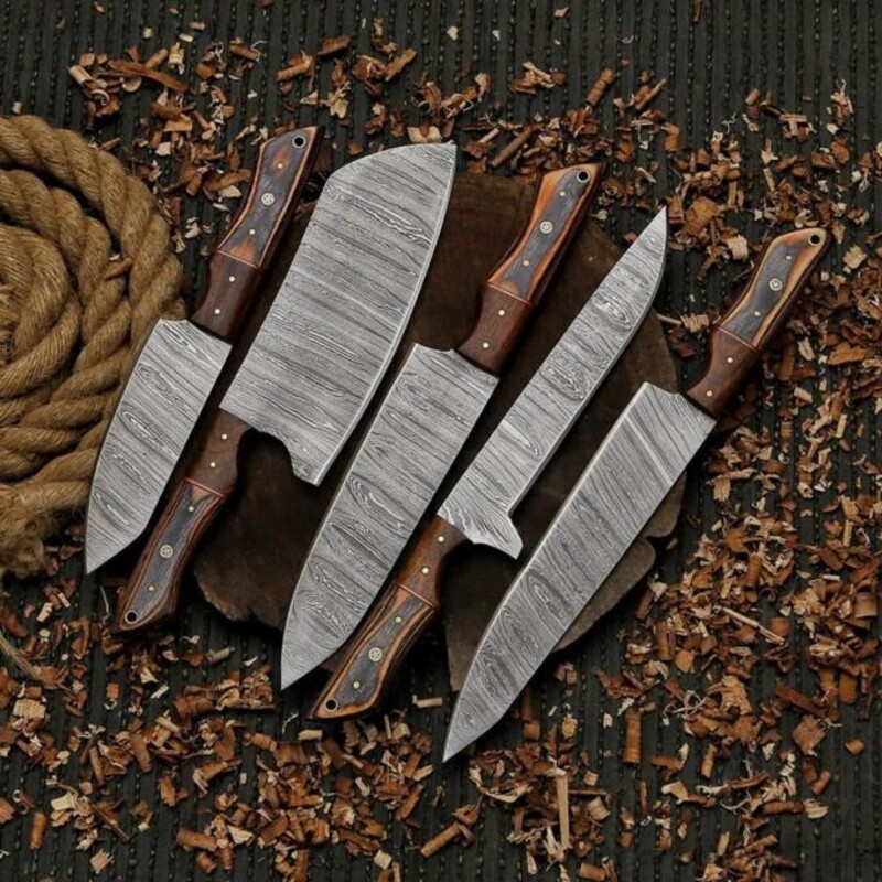 Handmade 5-Piece Damascus Chef Knife Set – Pakka Wood Handles with Leather Roll Bag - Image 3