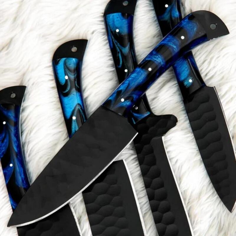 Hand-Forged D2 Steel Chef Knife Set – 5 Piece Kitchen Knives with Blue Resin Handles & Leather Roll Bag - Image 3