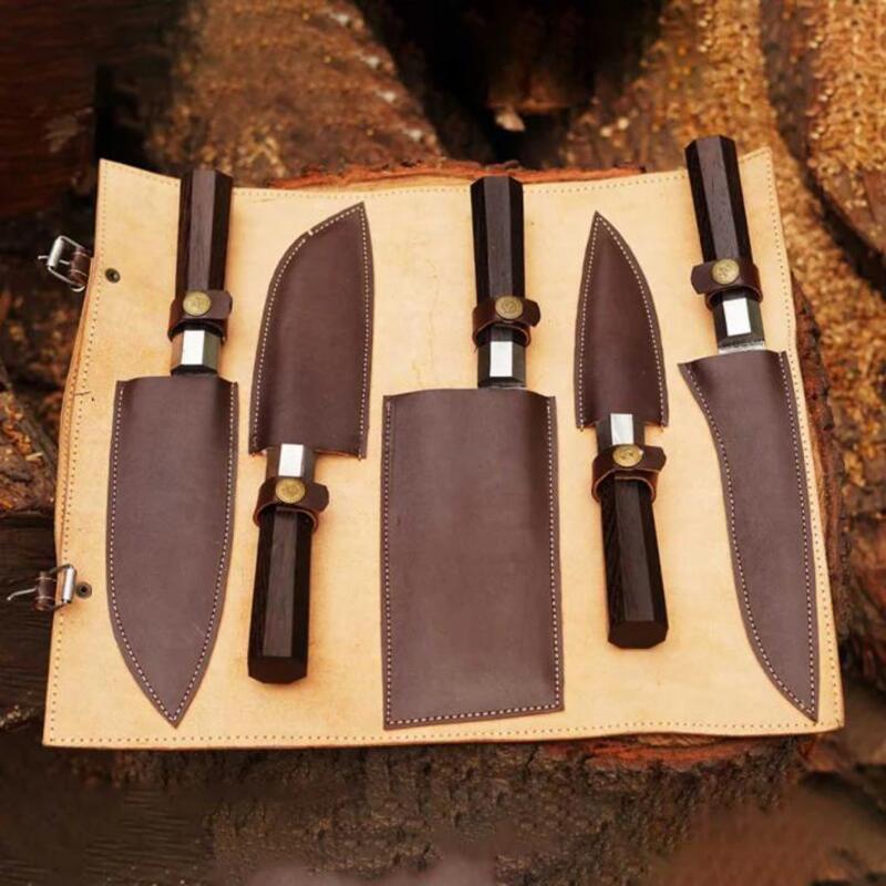 5-Piece Culinary Chef Knife Set – Damascus Steel Blades with Wenge Wood Handles & Leather Roll - Image 4