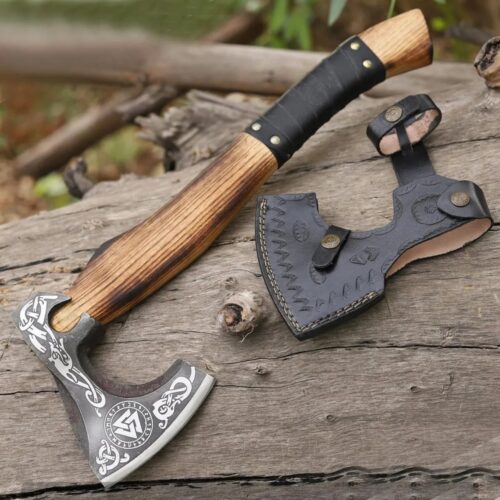 hand forged Viking bearded axe engraved carbon steel blade hardwood handle leather wrapped grip custom wooden gift box Norse collectible axe full view premium set
