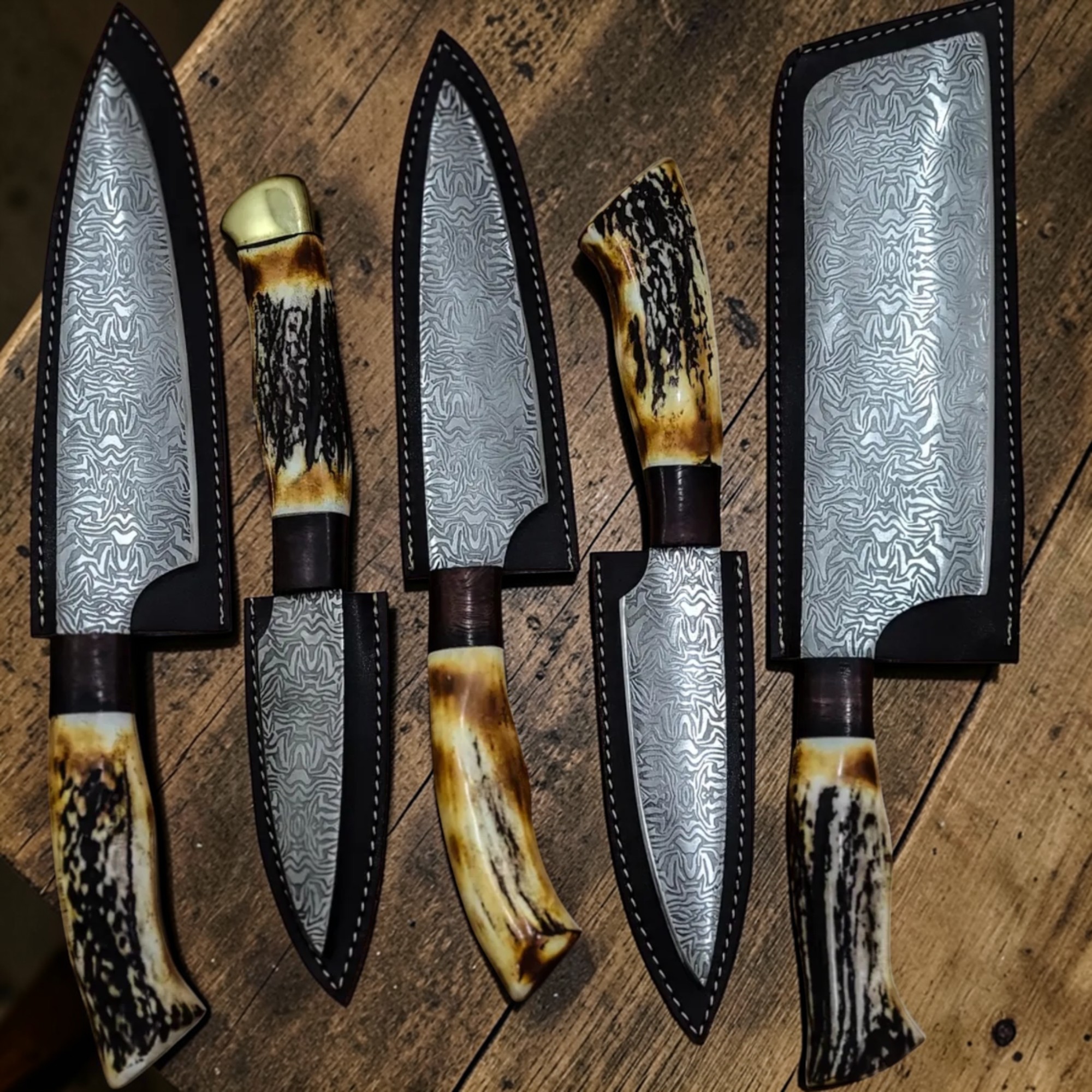 Luxury Damascus Culinary Chef Knife Set Handmade Kitchen Knives with Antler & Brass Handles - Image 4