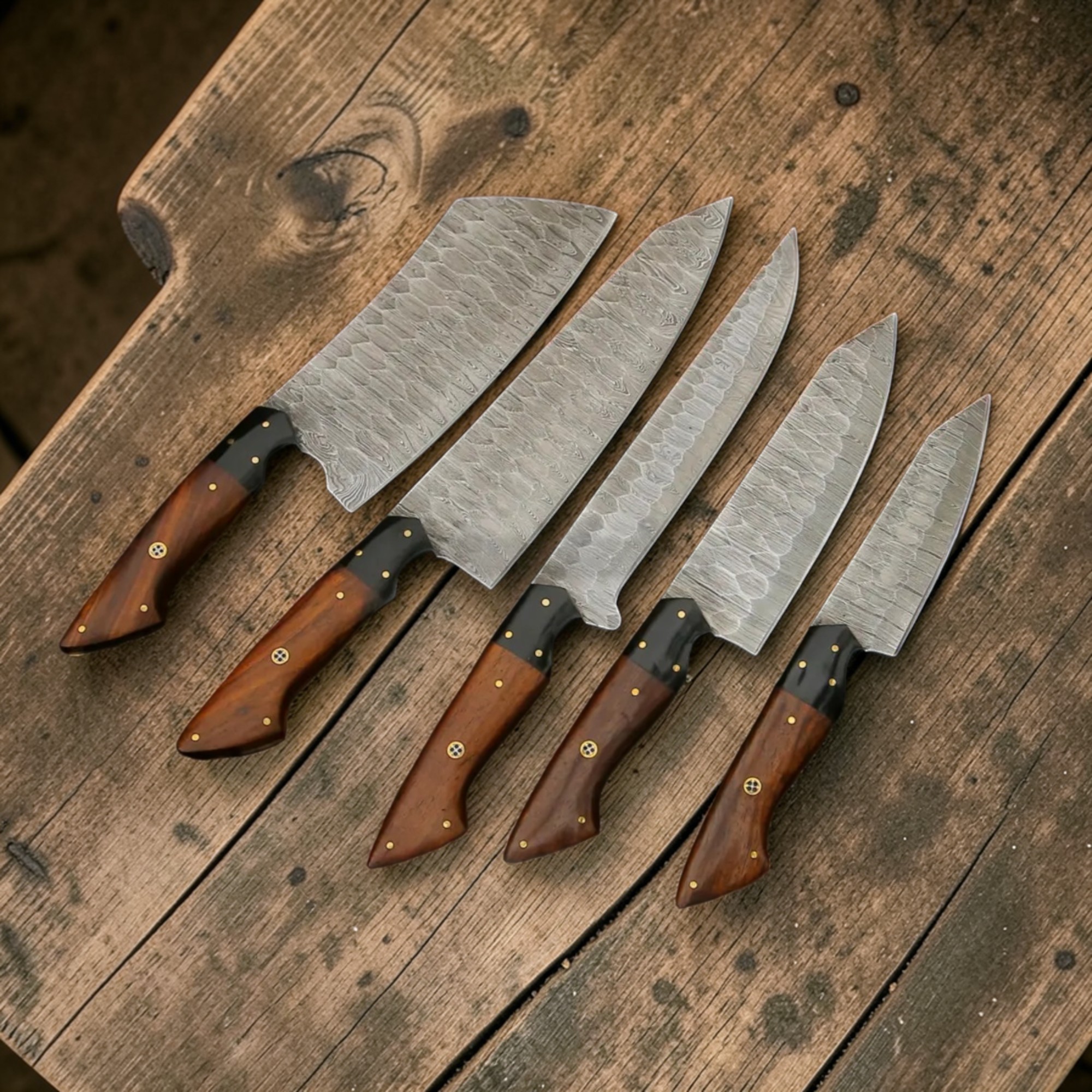 Luxury Damascus Culinary Chef Knife Set – 5 Pcs Kitchen Knives with Leather Roll Bag - Image 4