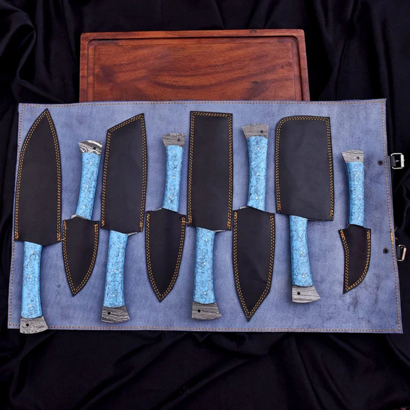 Custom Handmade Culinary Chef Knife Set – 8 Piece Damascus Kitchen Knives with Turquoise Resin Handles & Leather Bag Custom Handmade Culinary Chef Knife Set – 8 Piece Damascus Kitchen Knives with Turquoise Resin Handles & Leather Bag - Image 4