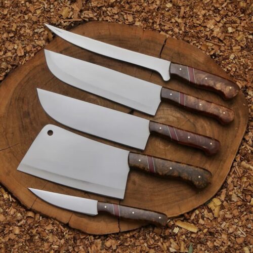 5-Piece Handmade Damascus Chef Knife Set – Chef, Fillet, Cleaver, Paring Knives with Leather Sheath