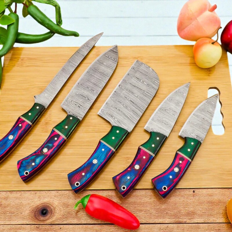 5-Piece Handmade Damascus Chef Knife Set – Chef, Fillet, Cleaver, Paring Knives with Leather Sheath - Image 3