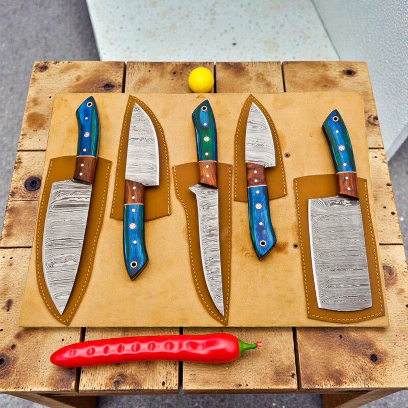 Handmade 5-Piece Damascus Chef Knife Set – Pakkawood & Rosewood Handles with Leather Sheath - Image 4