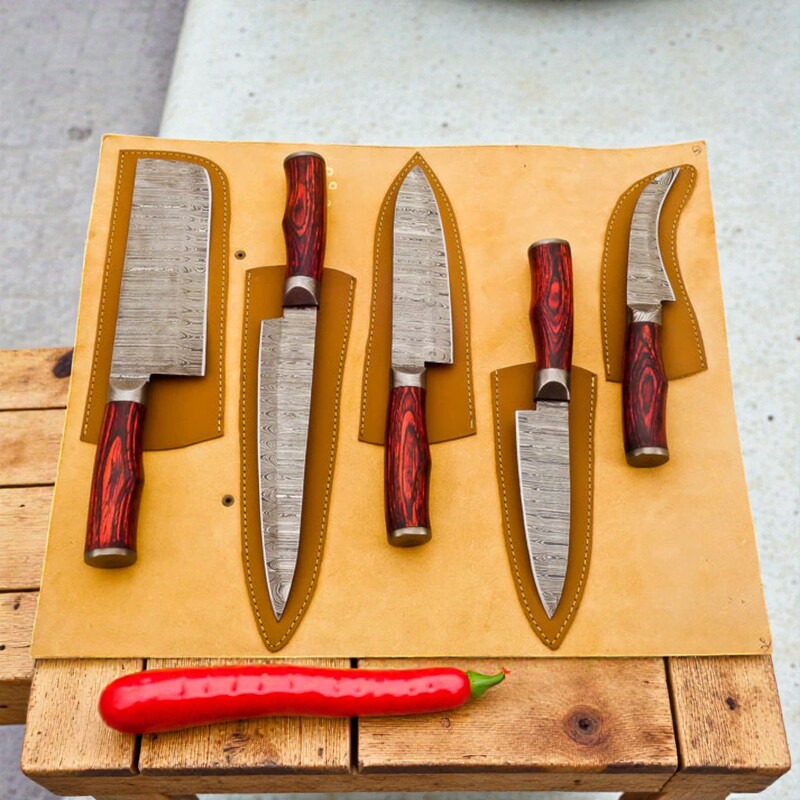 Handmade 5-Piece Damascus Chef Knife Set – Red Pakka wood Handles with Leather Sheath - Image 4