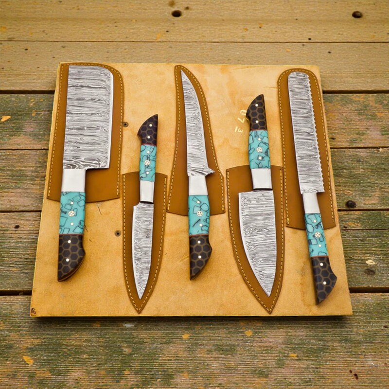 Handmade 5-Piece Culinary Damascus Knife Set – Bread, Fillet, Cleaver, Chef & Paring Knives with Resin Handles & Leather Sheath Handmade 5-Piece Culinary Damascus Knife Set – Bread, Fillet, Cleaver, Chef & Paring Knives with Resin Handles & Leather Sheath - Image 4