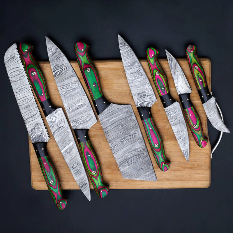 Hand-Forged 8-Piece Damascus Chef Knife Set – Wood Handles with Kitchen Utility & Cleaver Knives - Image 4