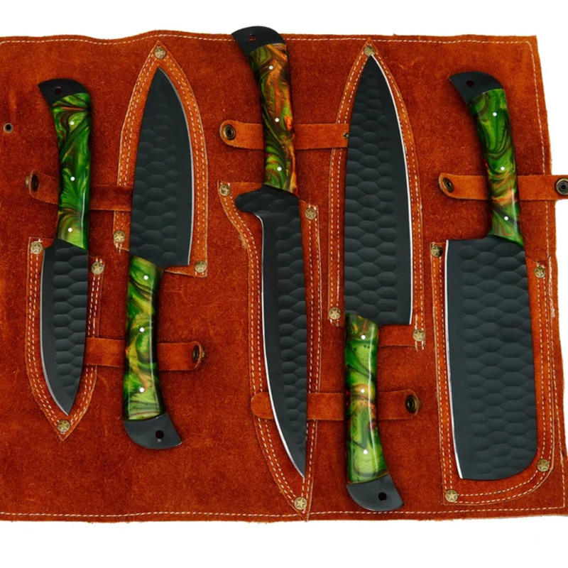 Handcrafted D2 Steel Chef Knife Set – 5 Piece Kitchen Knives with Green Resin Handles & Leather Roll Bag - Image 4
