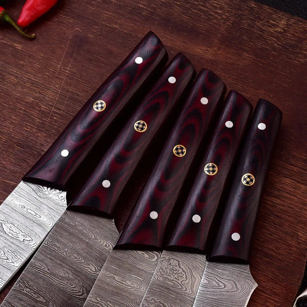 Hand-Forged 7-Piece Damascus Culinary Knife Set – Micarta Handles with Leather Roll Hand-Forged 7-Piece Damascus Culinary Knife Set – Micarta Handles with Leather Roll - Image 4