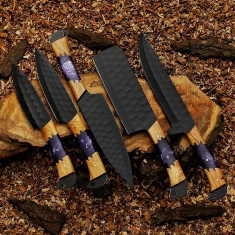 Hand-Forged 5-Piece Culinary Chef Knife Set – Damascus Steel with Wood Handles & Leather Sheath Hand-Forged 5-Piece Culinary Chef Knife Set – Damascus Steel with Wood Handles & Leather Sheath - Image 4